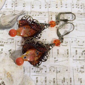 Orange Millefiori Bronze Hand Painted Lucite Flower Earrings, Crystal, Filigree